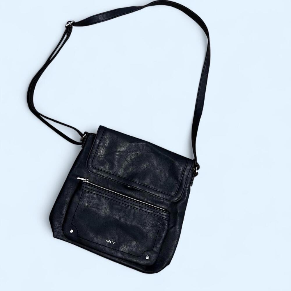 Black leather relic crossbody bag
